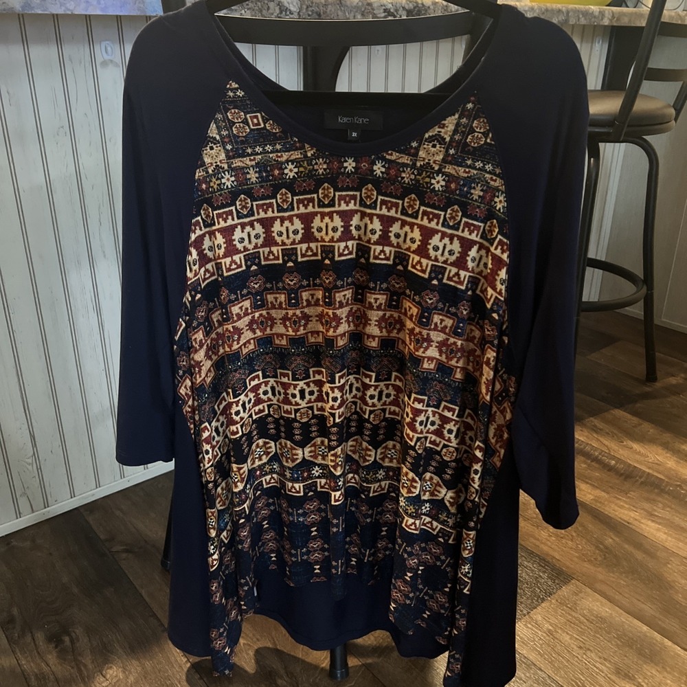 Karen Kane Women's Size 3x 3/4 Sleeve Top Navy Print Knit Shirt Casual Size